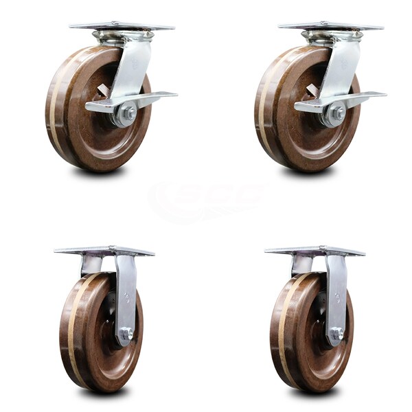 8 Inch High Temp Phenolic Caster Set with Roller Bearing 2 Brakes and 2 Rigid